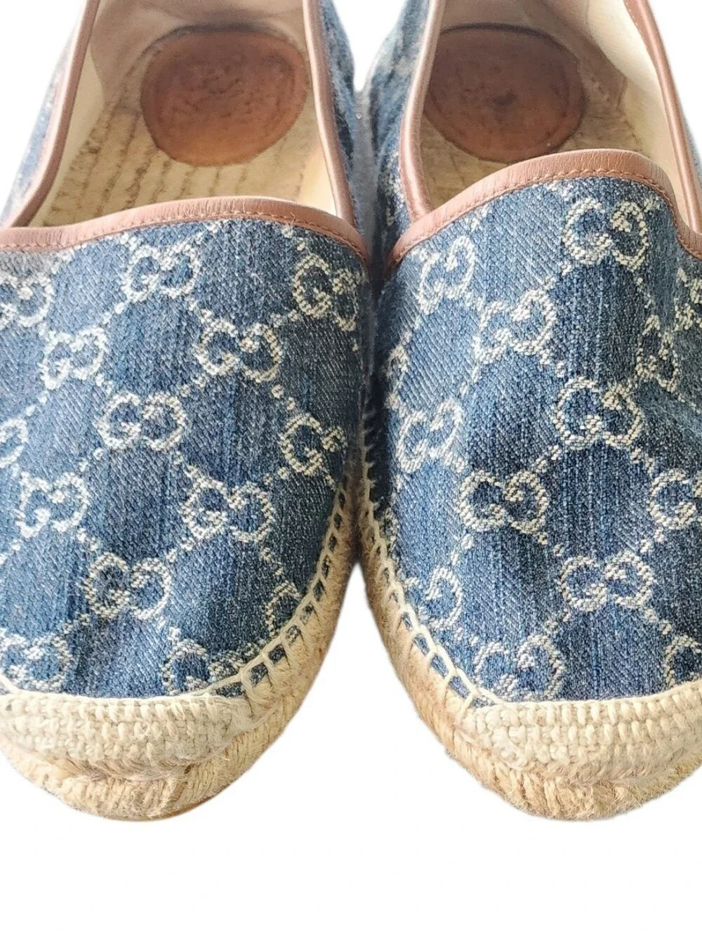 Gucci Blue Monogram Denim Espadrille Flats with Brown Trim